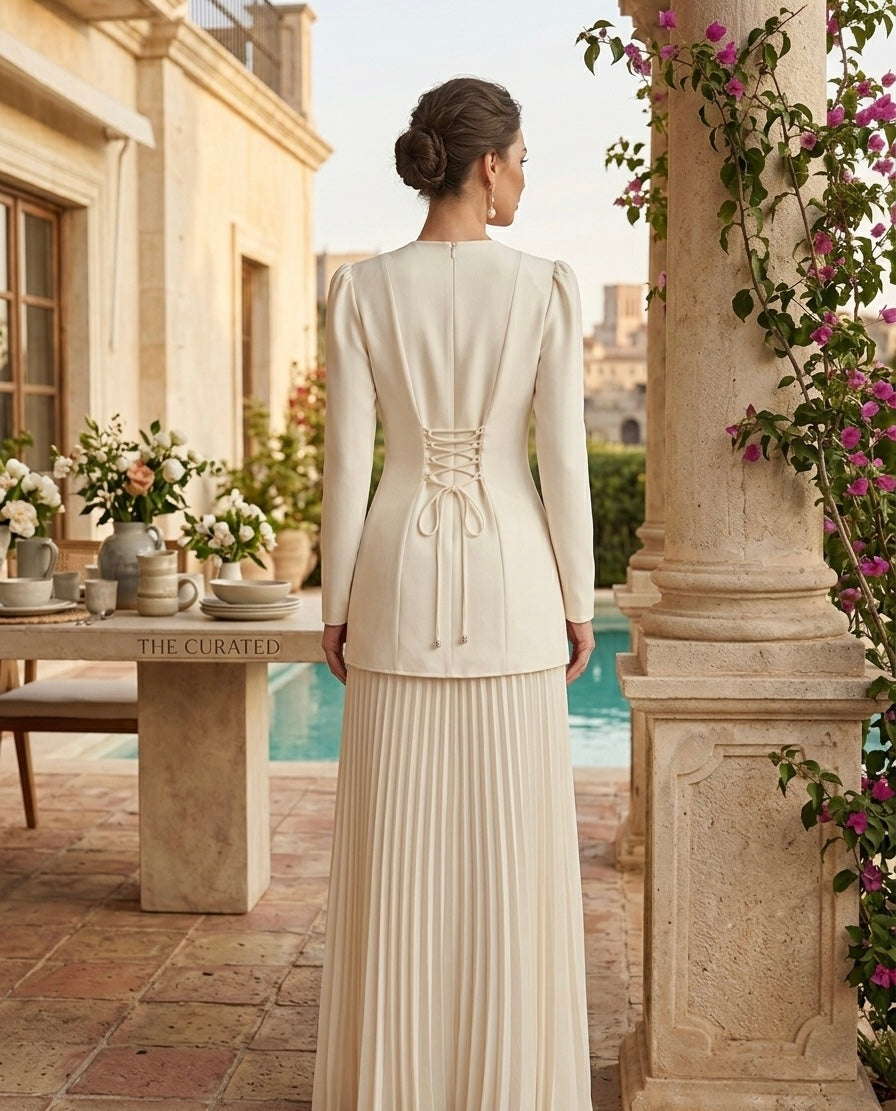 Ivory Embellished Top & Pleated Maxi Skirt Set