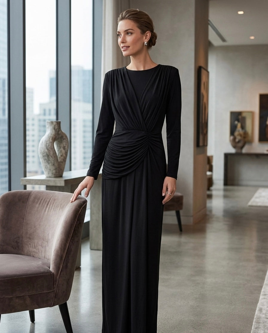 Elegant Black Draped Maxi Dress with Long Sleeves