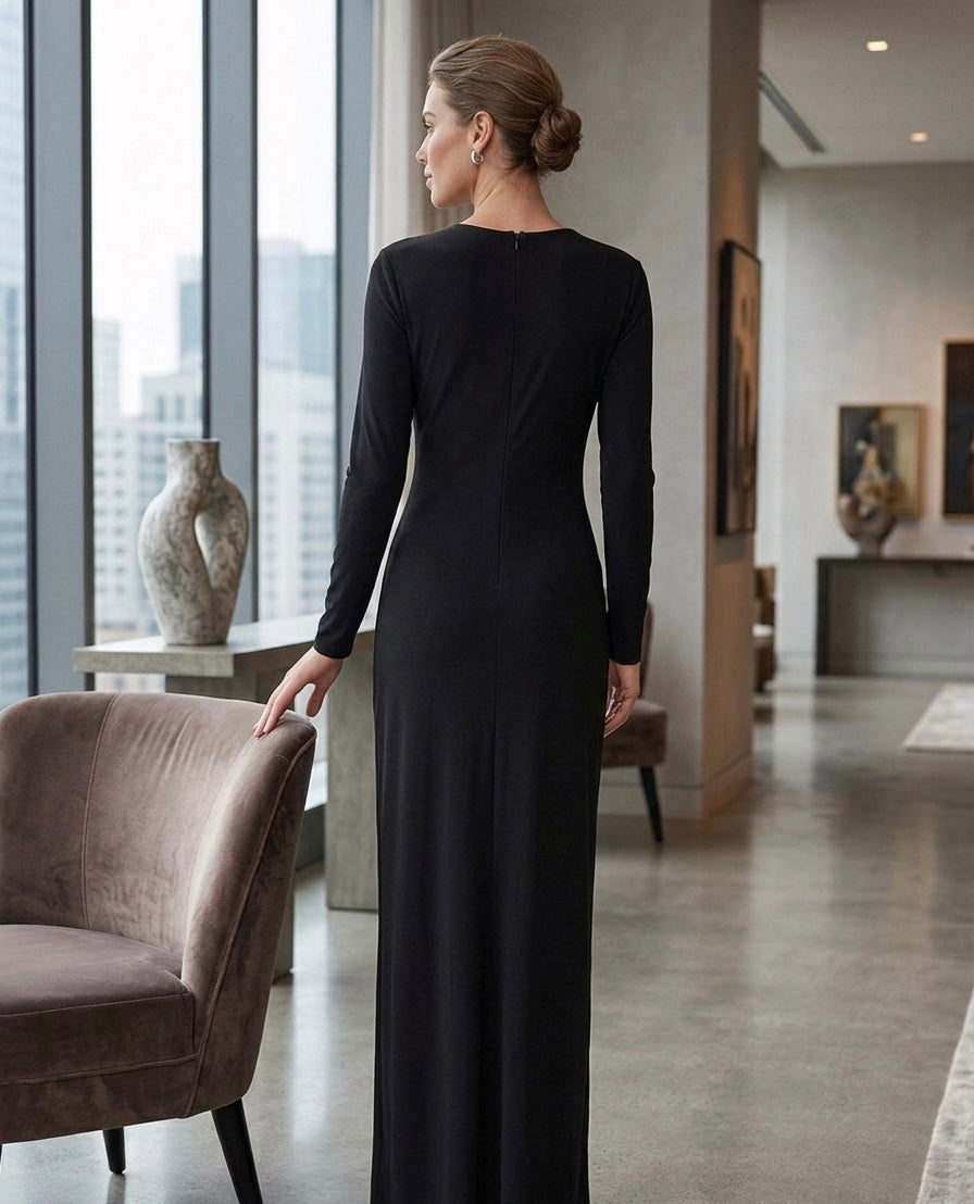 Elegant Black Draped Maxi Dress with Long Sleeves