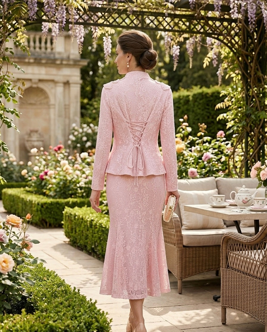 Blush Pink Lace Jacket & Midi Skirt Set with Floral Shoulder Detail