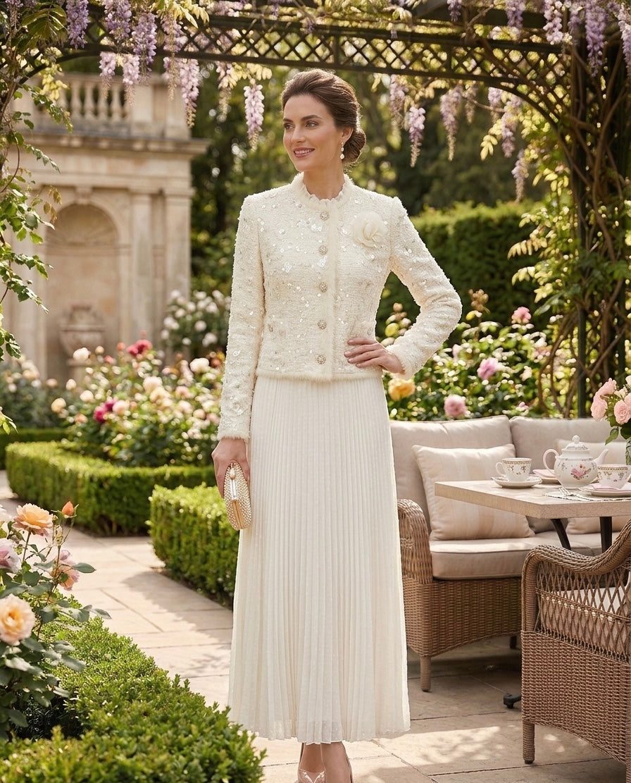 Ivory Pleated Midi Dress with Embellished Tweed Jacket Set