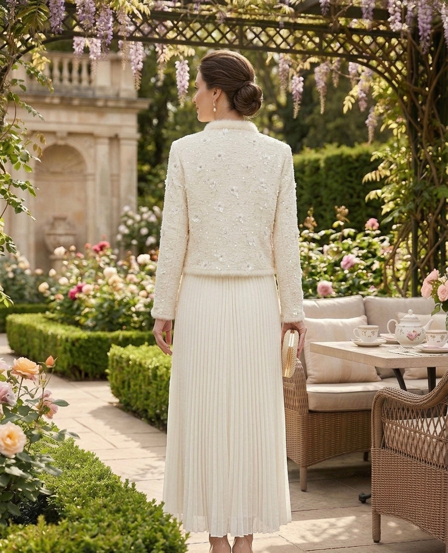 Ivory Pleated Midi Dress with Embellished Tweed Jacket Set