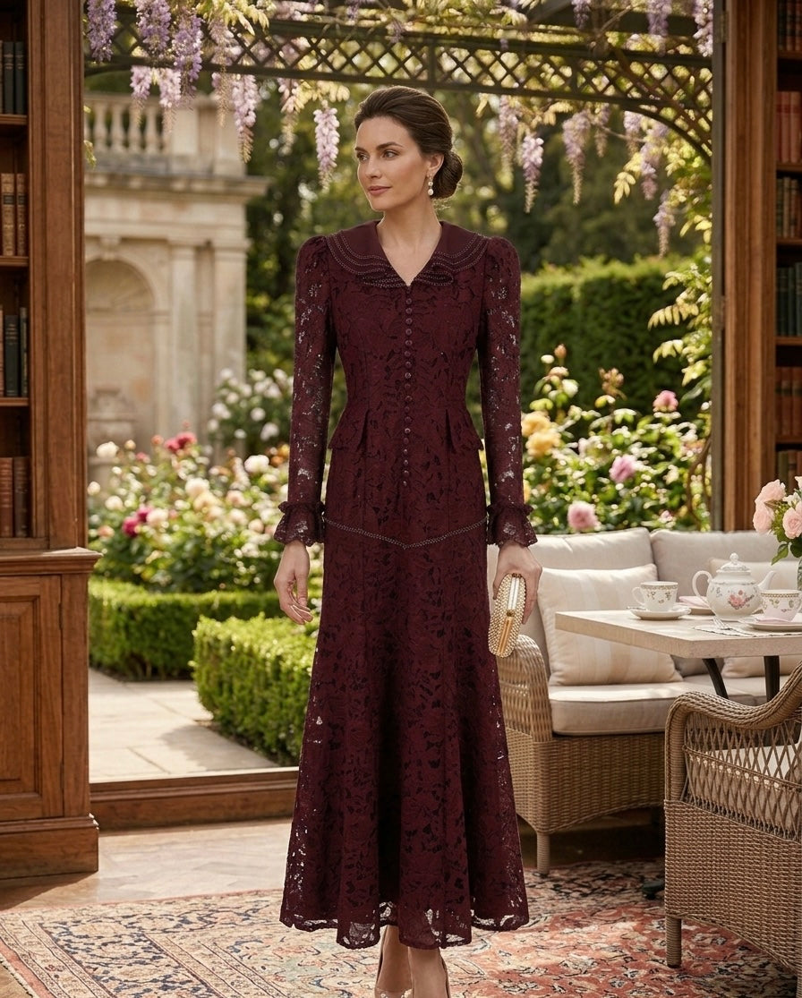 Burgundy Lace Vintage-Inspired Midi Dress with Embellished Collar