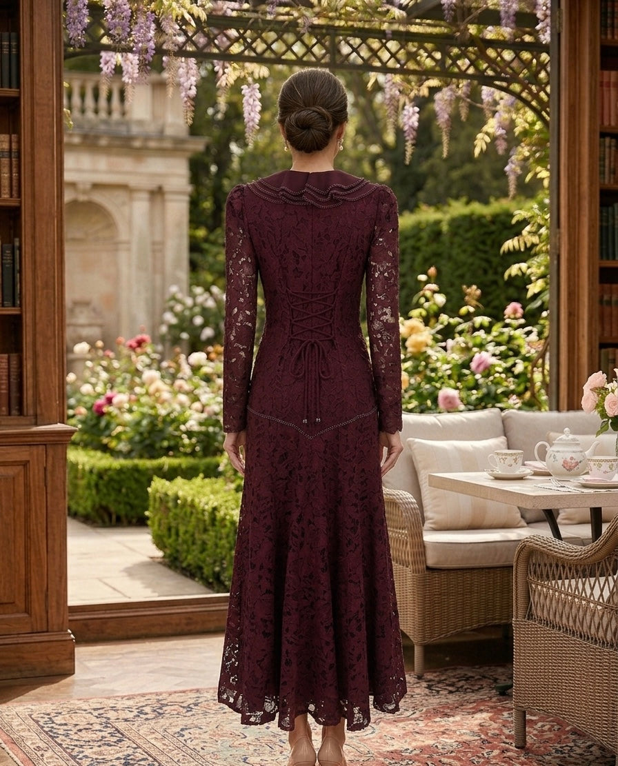 Burgundy Lace Vintage-Inspired Midi Dress with Embellished Collar