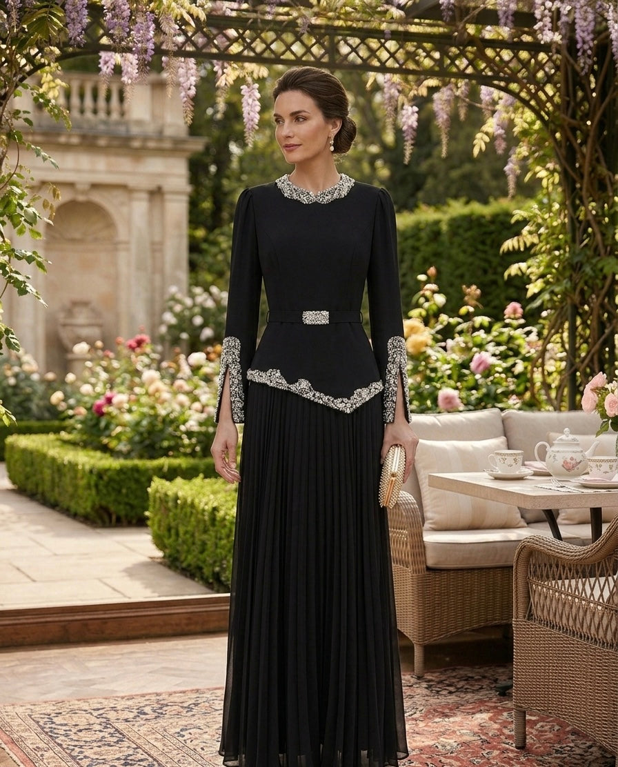 Black Pleated Evening Dress with Crystal Embellished Details