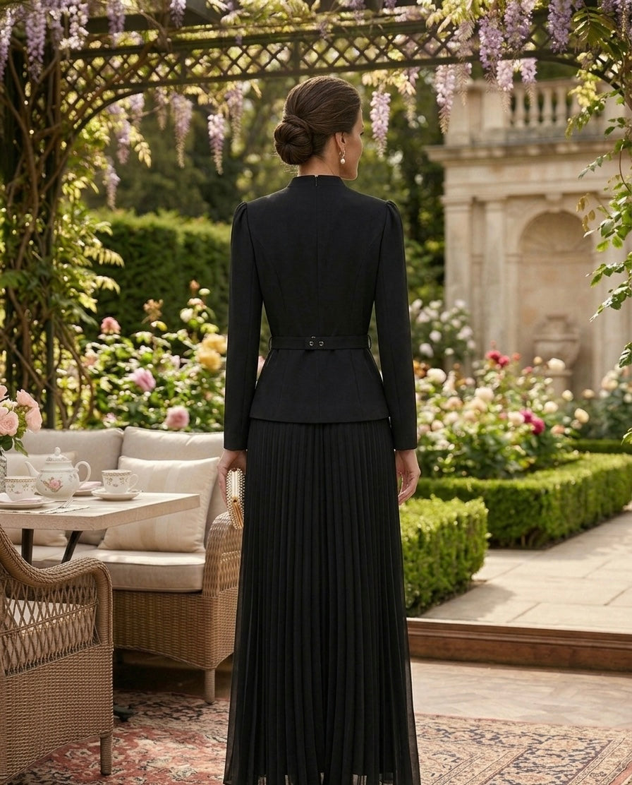 Black Pleated Evening Dress with Crystal Embellished Details