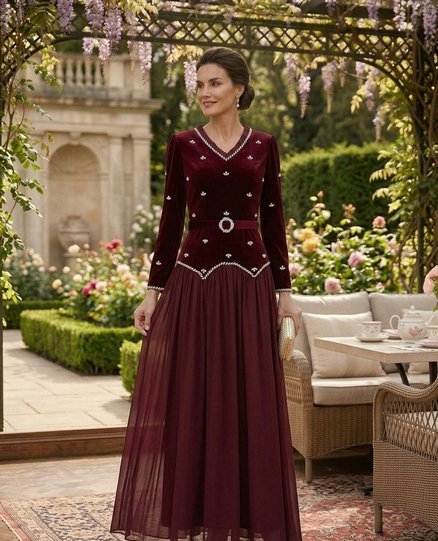 Burgundy Velvet & Chiffon Evening Dress with Crystal Embellishments