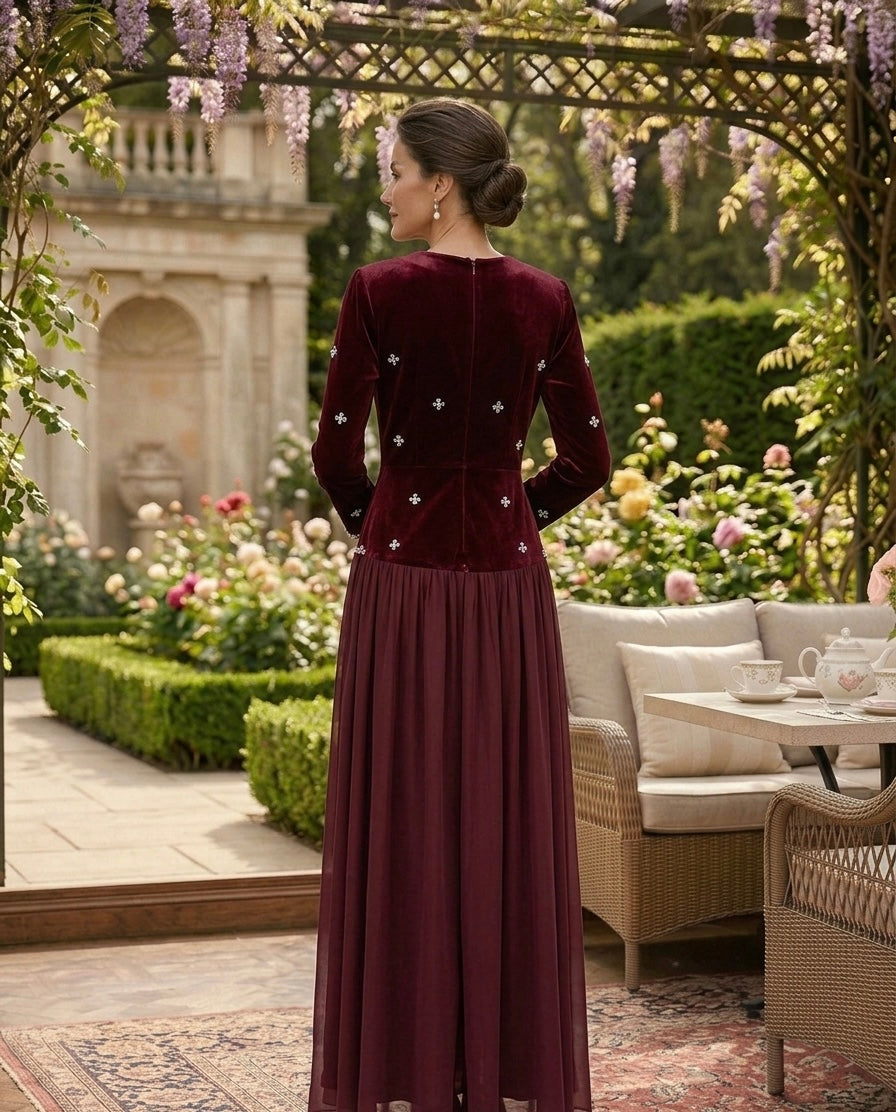 Burgundy Velvet & Chiffon Evening Dress with Crystal Embellishments