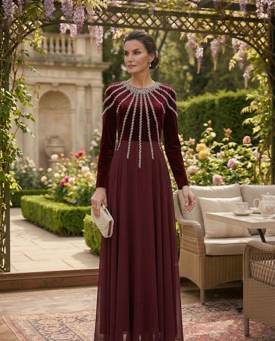 Burgundy Velvet & Chiffon Gown with Radiant Crystal Embellishments