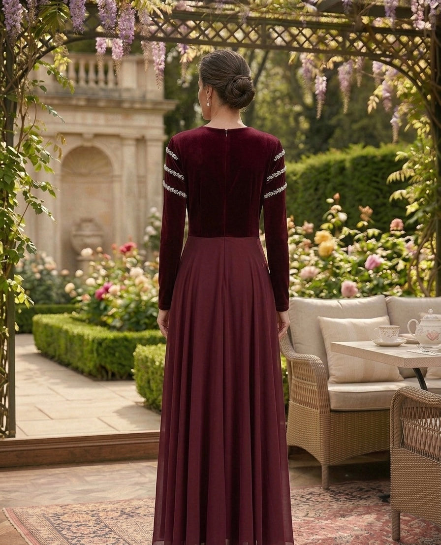 Burgundy Velvet & Chiffon Gown with Radiant Crystal Embellishments