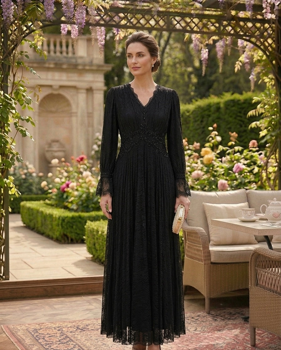 Black Lace Evening Dress with Beaded Waist Detail