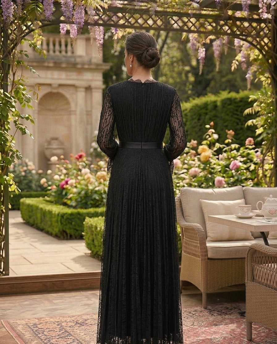 Black Lace Evening Dress with Beaded Waist Detail