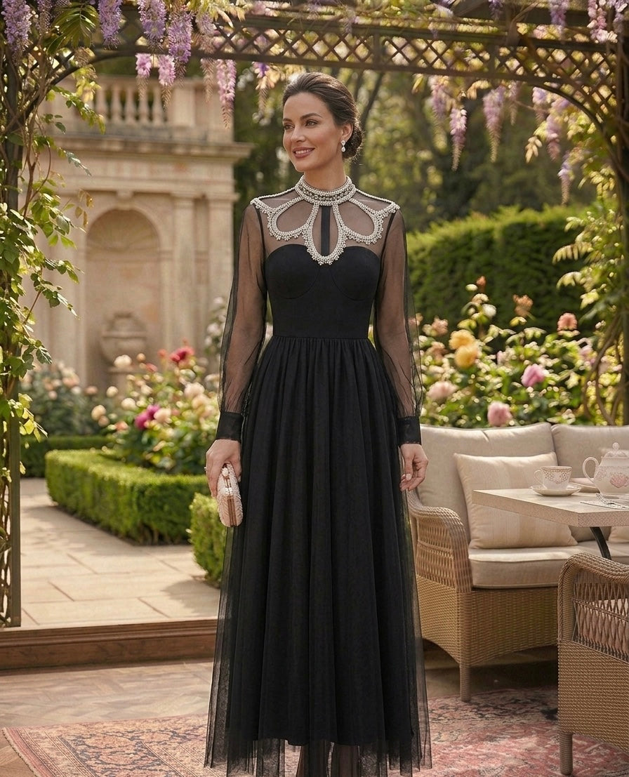 Black Tulle Midi Dress with Embellished Sheer Neckline