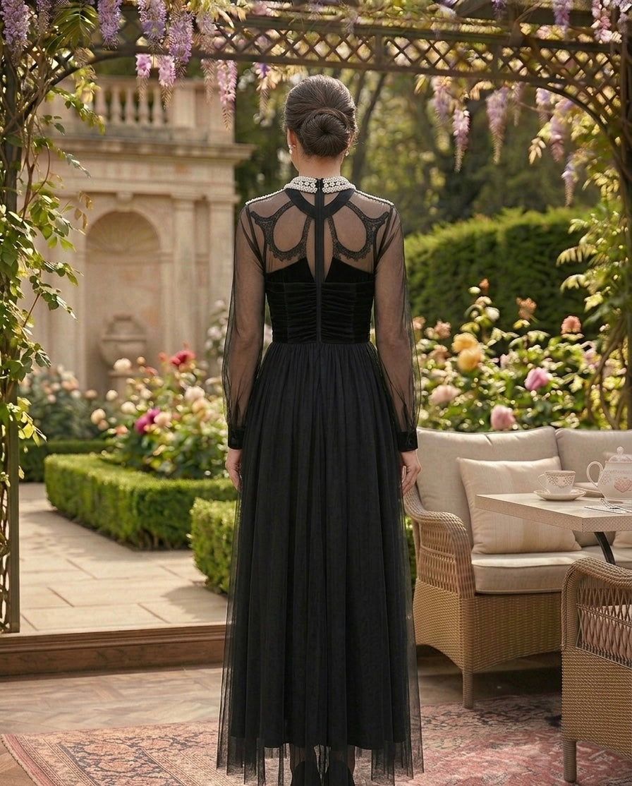 Black Tulle Midi Dress with Embellished Sheer Neckline