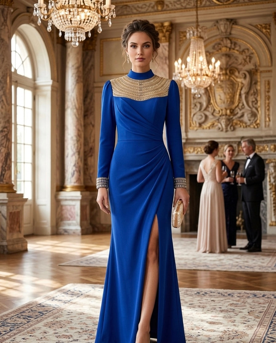 Royal Blue Draped Evening Gown with Gold Embellished Neckline