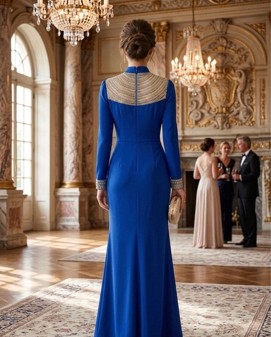 Royal Blue Draped Evening Gown with Gold Embellished Neckline