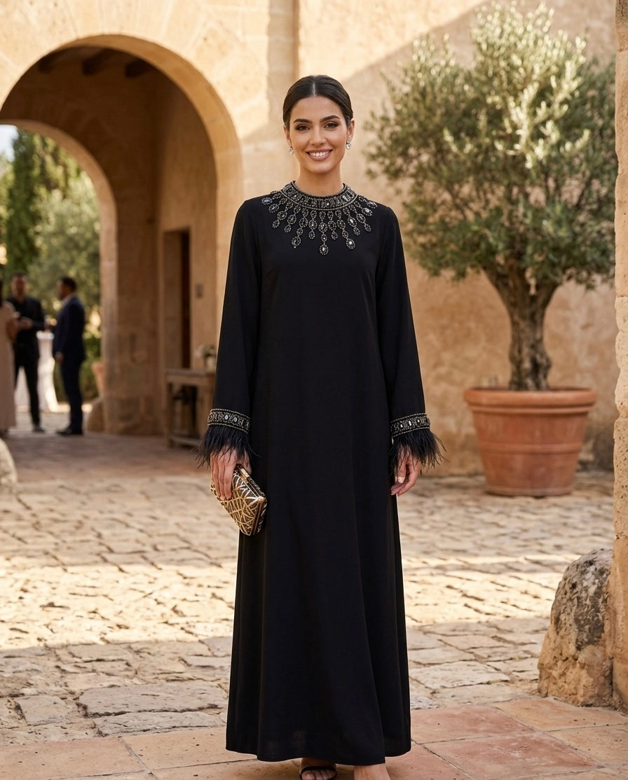 Black Embellished Kaftan Dress with Feather Cuffs