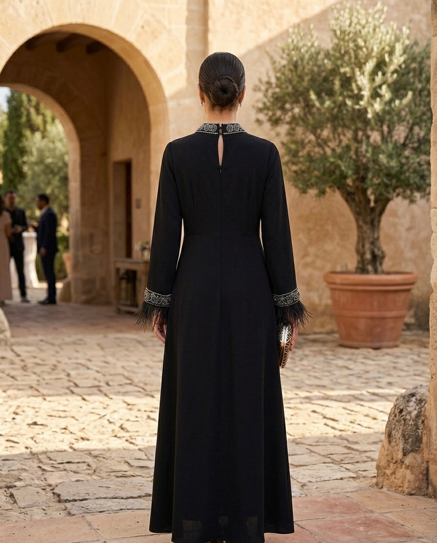 Black Embellished Kaftan Dress with Feather Cuffs