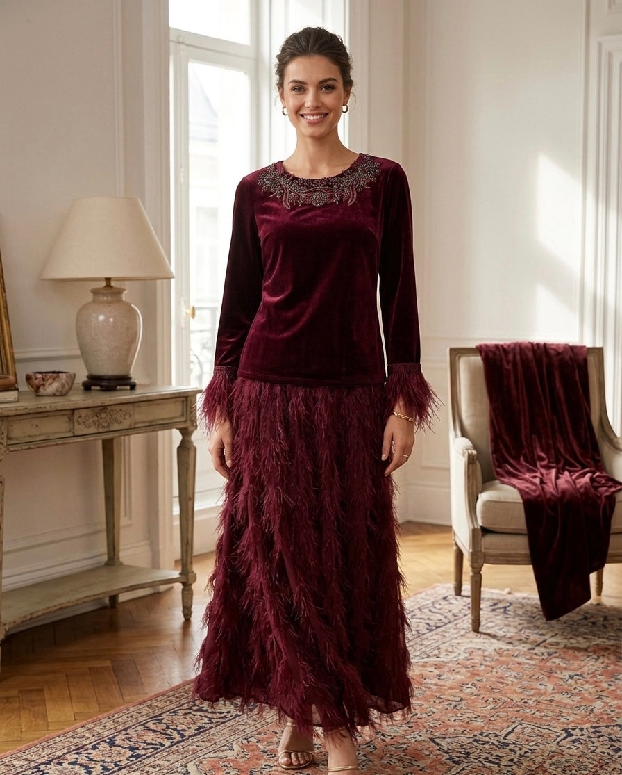 Burgundy Velvet Top & Feather Maxi Skirt Set