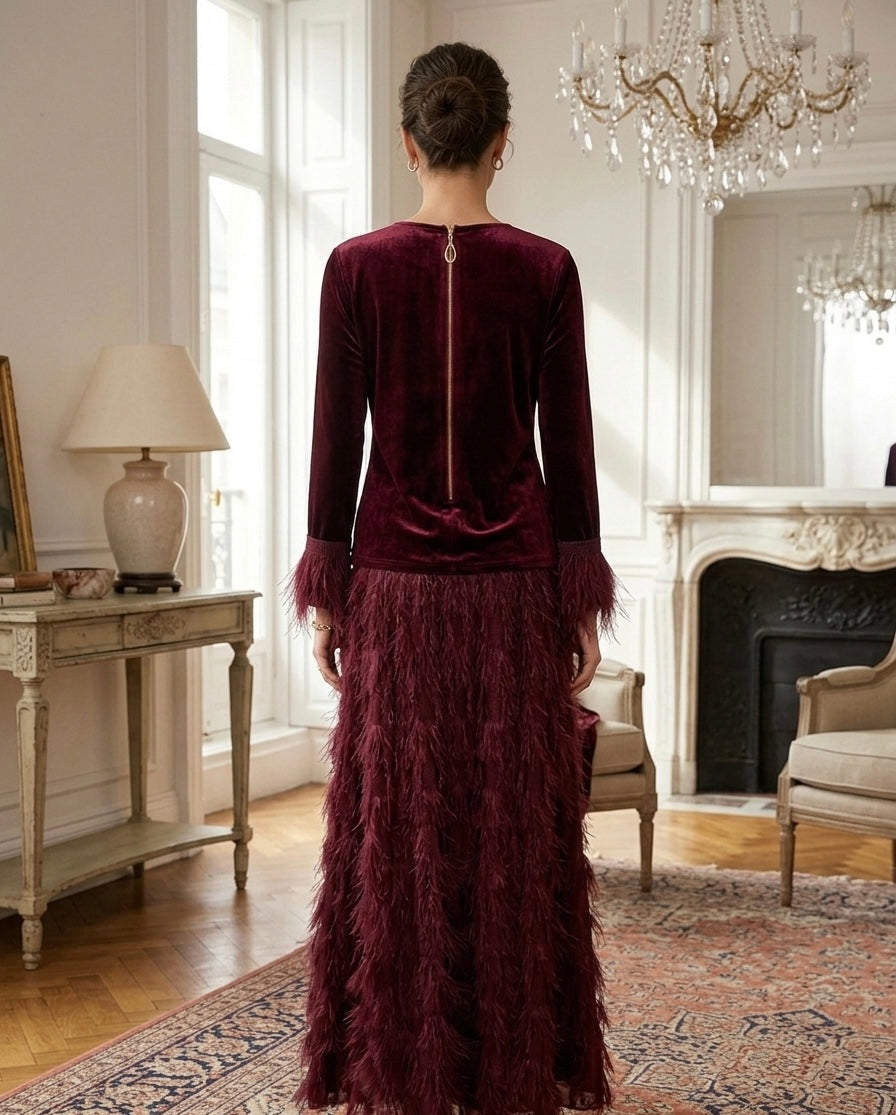 Burgundy Velvet Top & Feather Maxi Skirt Set