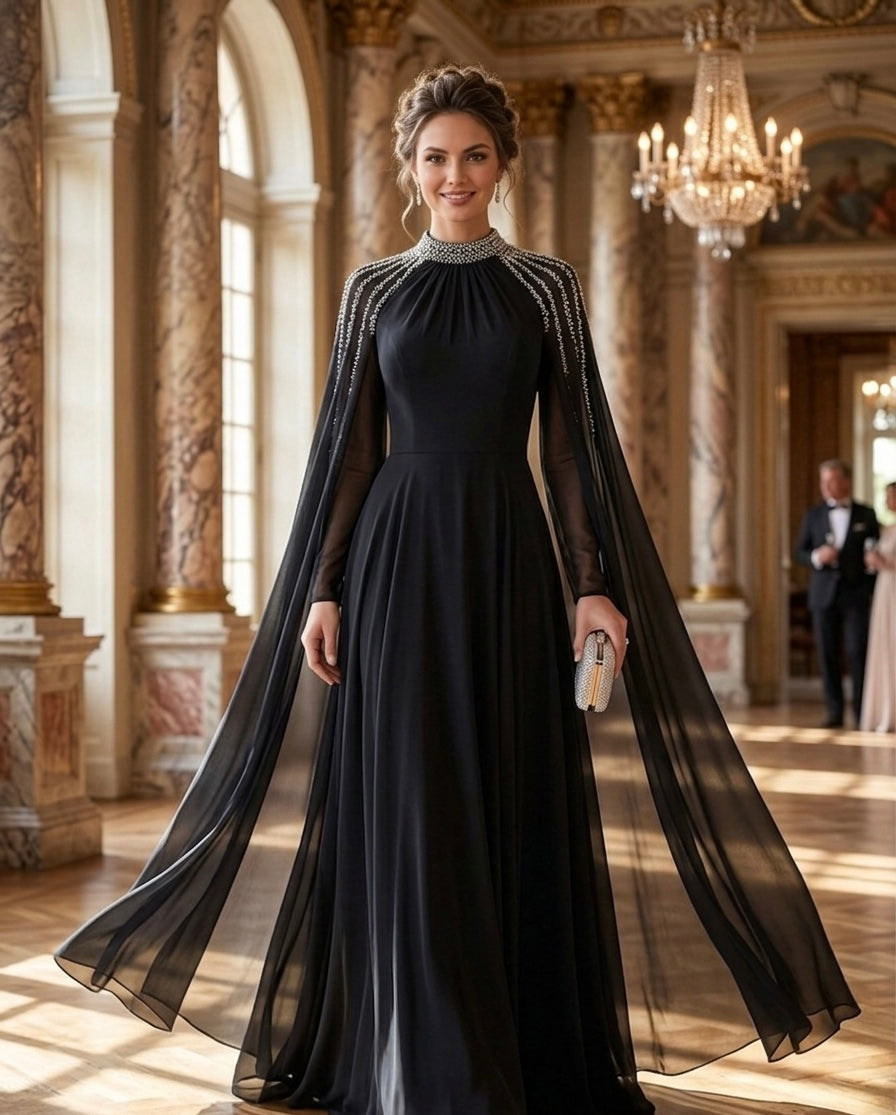 Black Embellished Cape Sleeve Evening Gown
