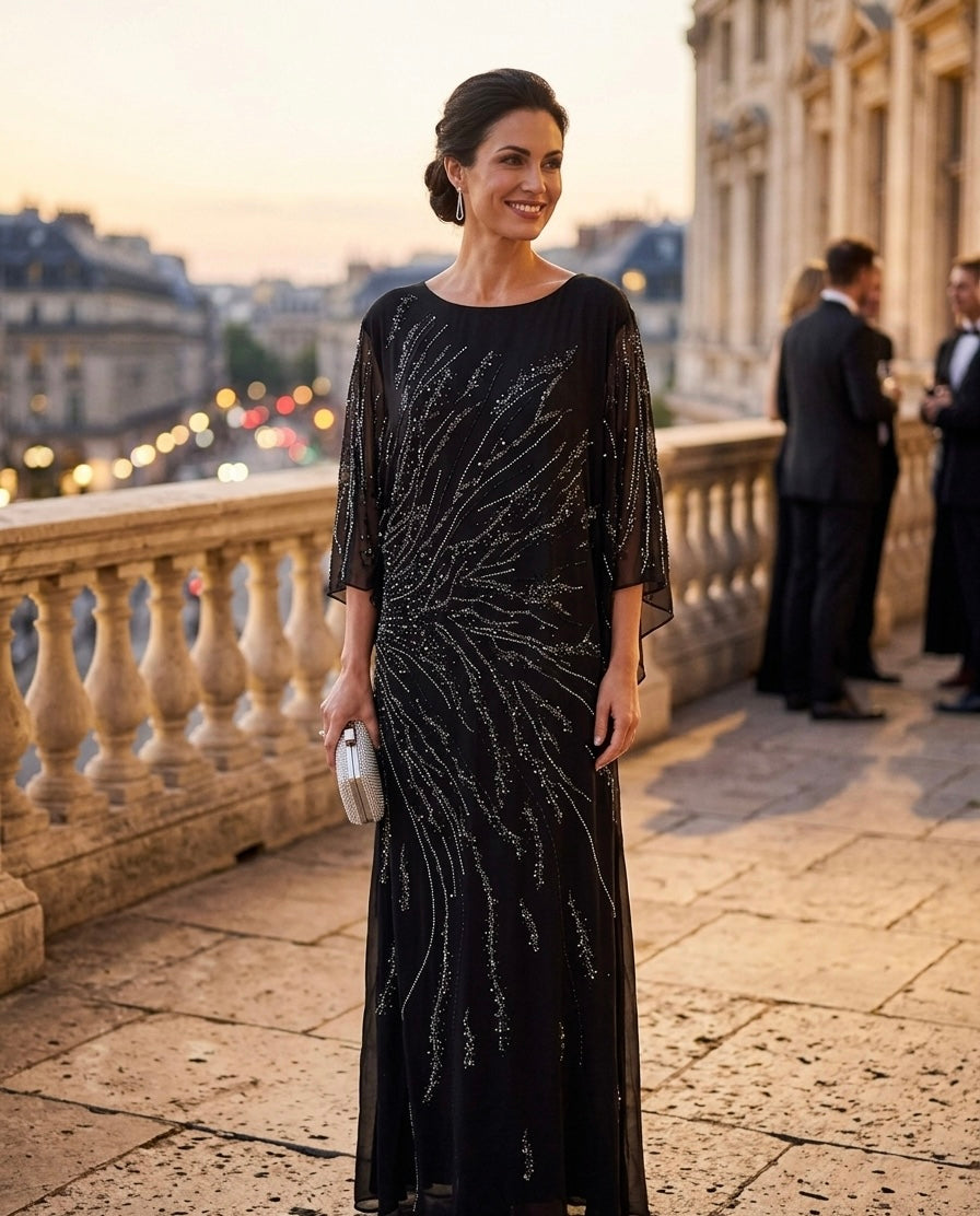 Black Embellished Cape Sleeve Evening Gown