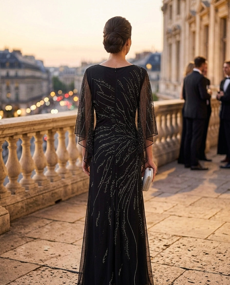 Black Crystal-Embellished Sheer Overlay Evening Dress