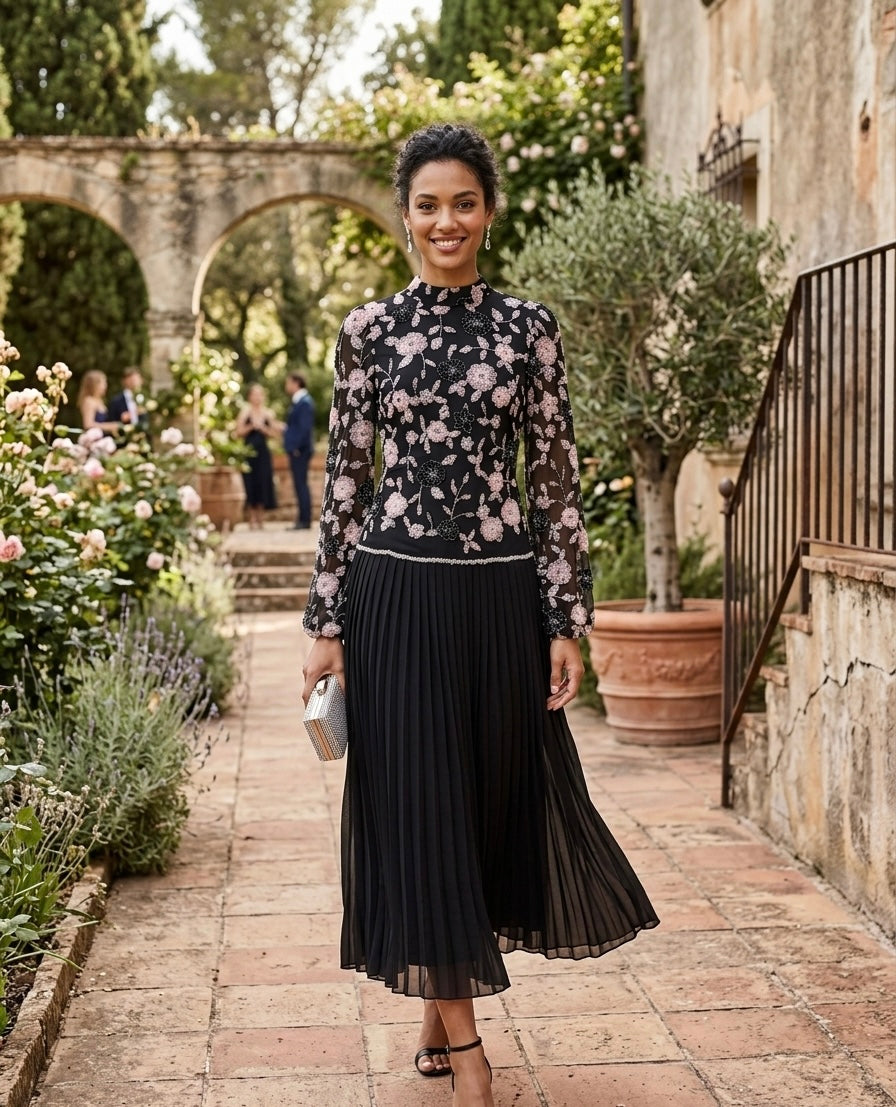 Black Crystal-Embellished Sheer Overlay Evening Dress