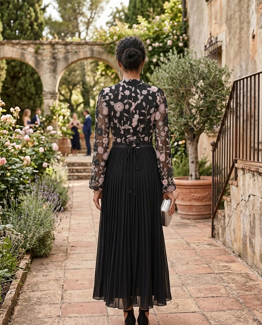 Black Floral Embroidered Pleated Midi Dress