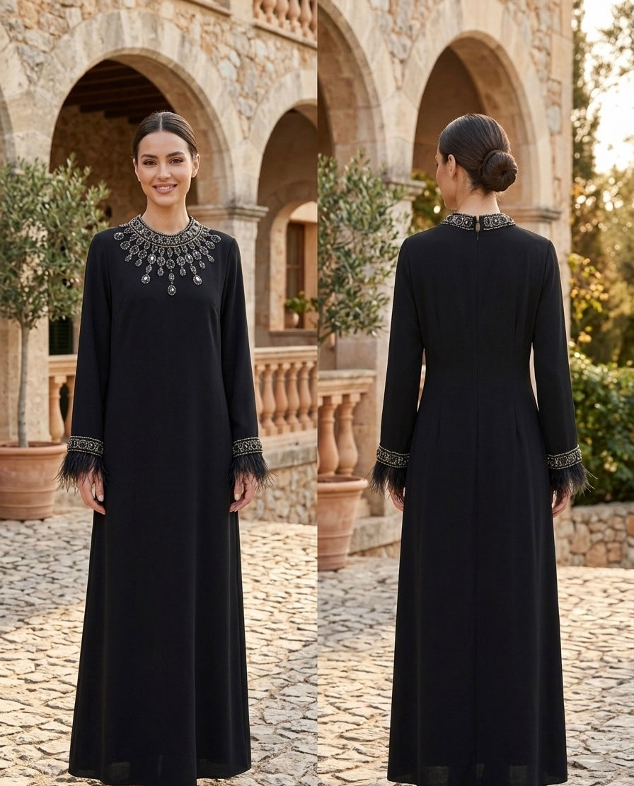 Black Embellished Collar Feather Cuff Maxi Dress