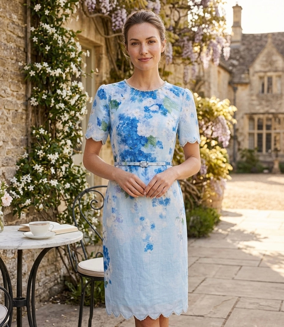 Blue Floral Print Midi Dress with Belt and Scalloped Trim