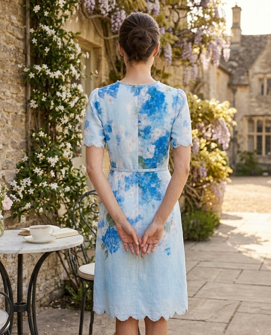 Blue Floral Print Midi Dress with Belt and Scalloped Trim