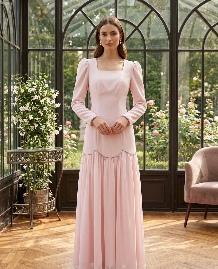 Blush Pink Long Sleeve Midi Dress with Sheer Flowing Skirt