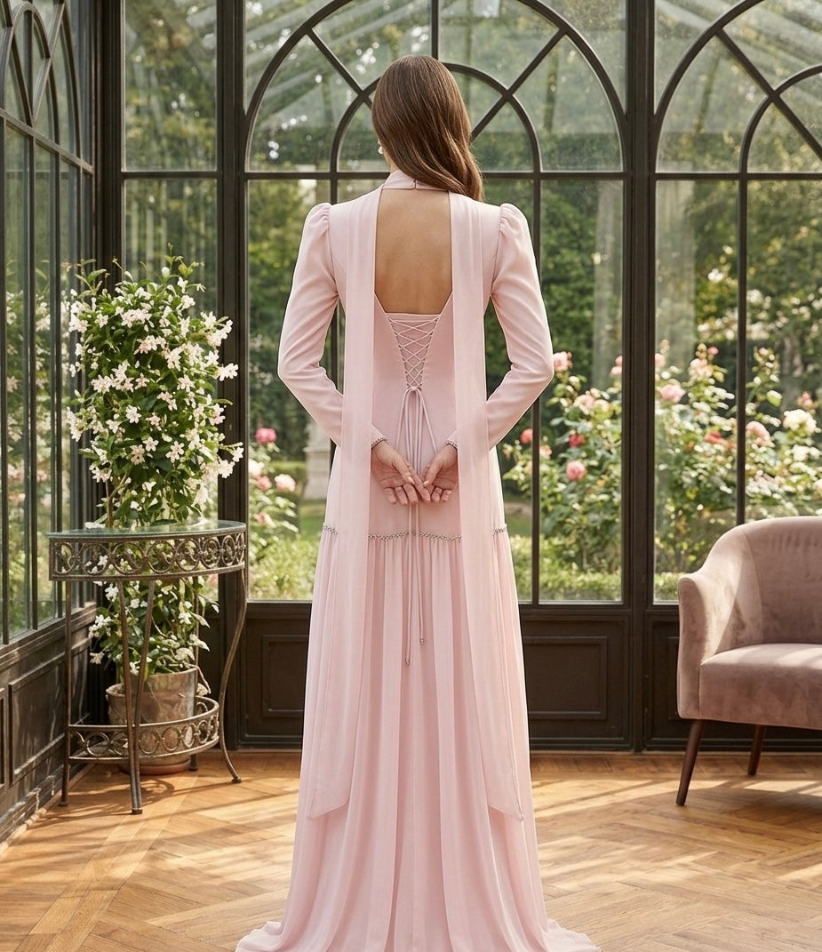 Blush Pink Long Sleeve Midi Dress with Sheer Flowing Skirt
