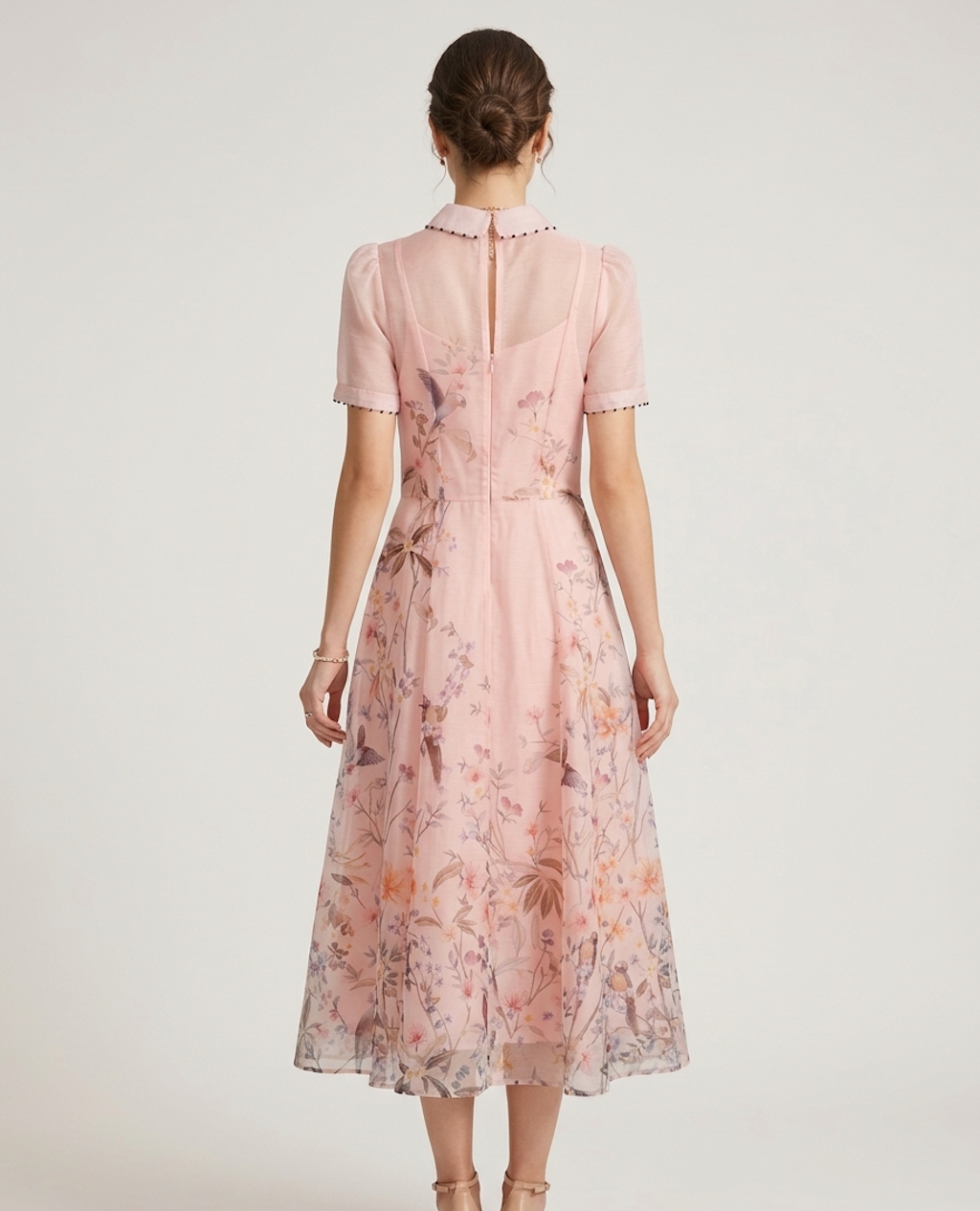 Blush Pink Floral Midi Dress with Sheer Overlay – Elegant Bird Print