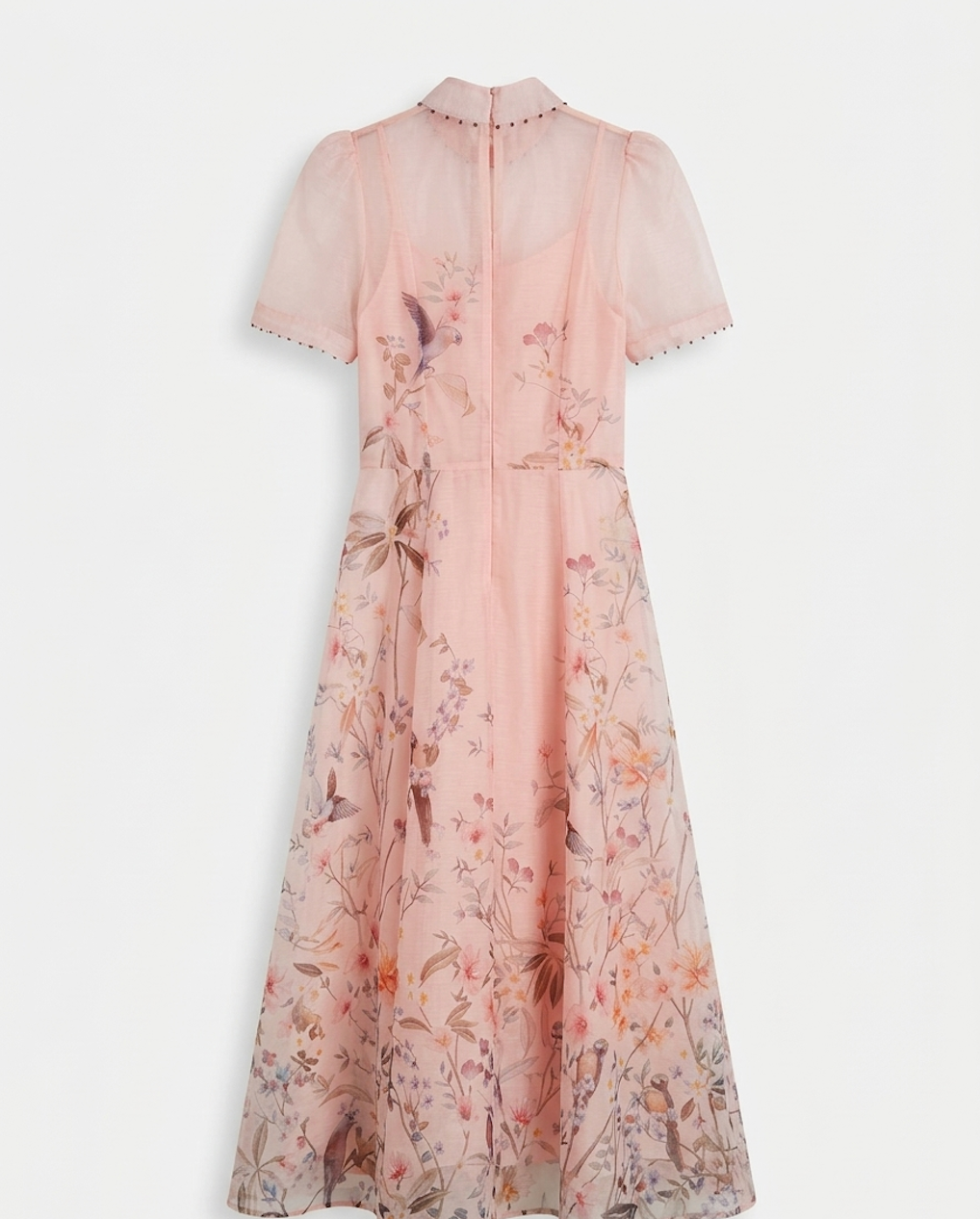 Blush Pink Floral Midi Dress with Sheer Overlay – Elegant Bird Print