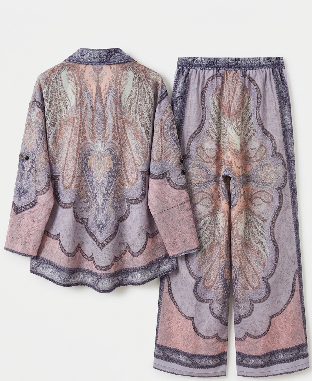 Paisley Print Co-Ord Set – Sheer Shirt & Wide-Leg Pants in Mauve Tones