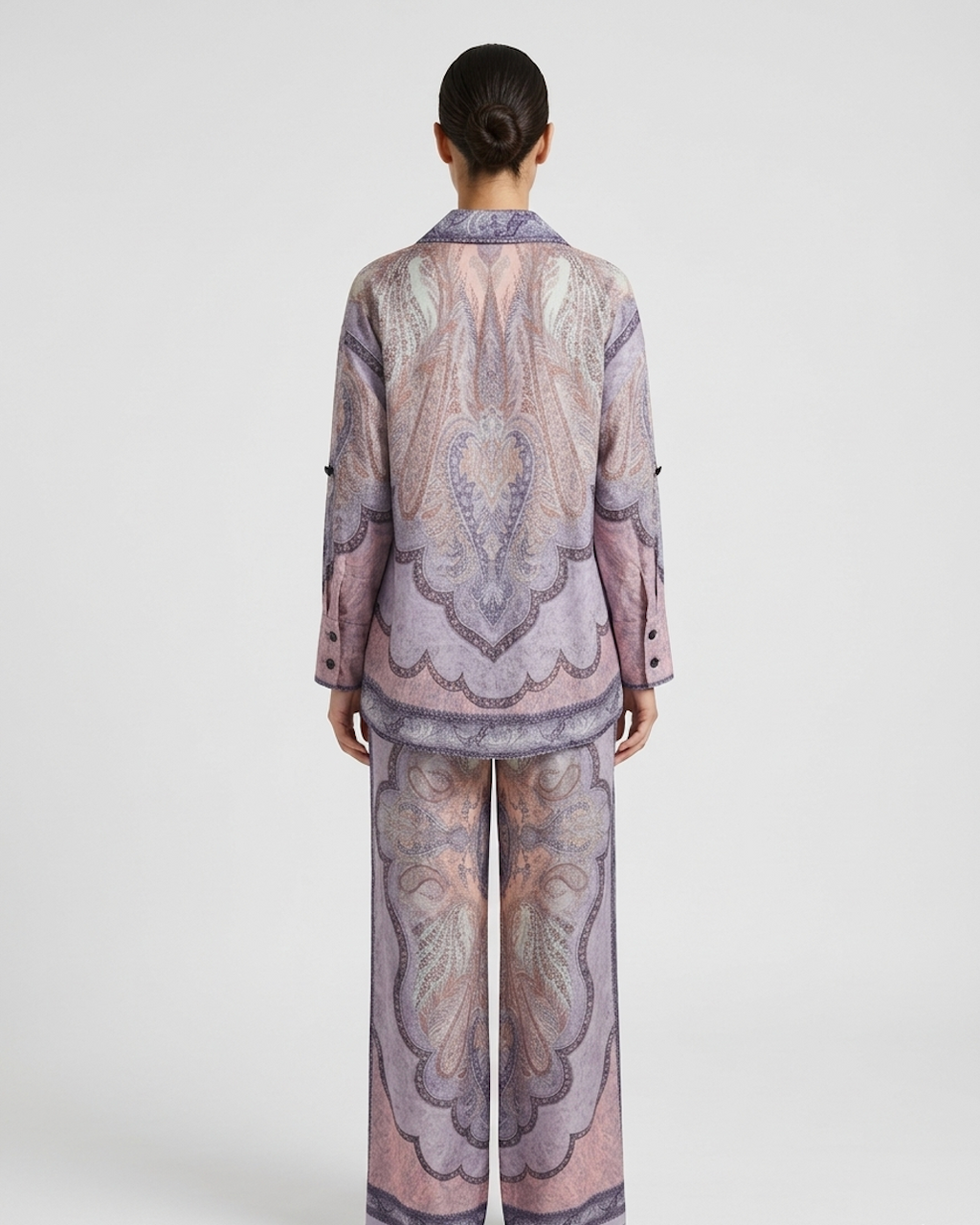 Paisley Print Co-Ord Set – Sheer Shirt & Wide-Leg Pants in Mauve Tones