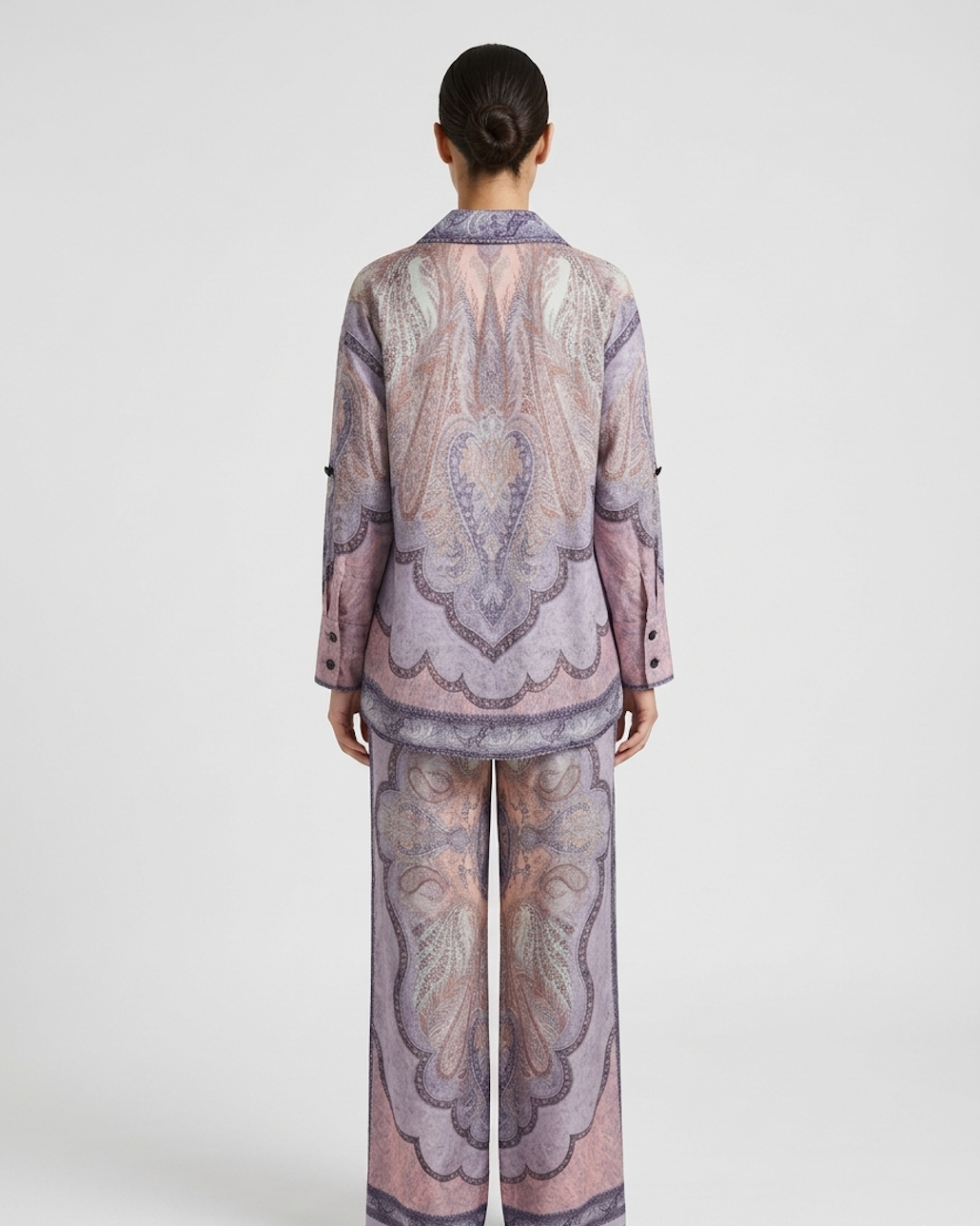 Paisley Print Co-Ord Set – Sheer Shirt & Wide-Leg Pants in Mauve Tones