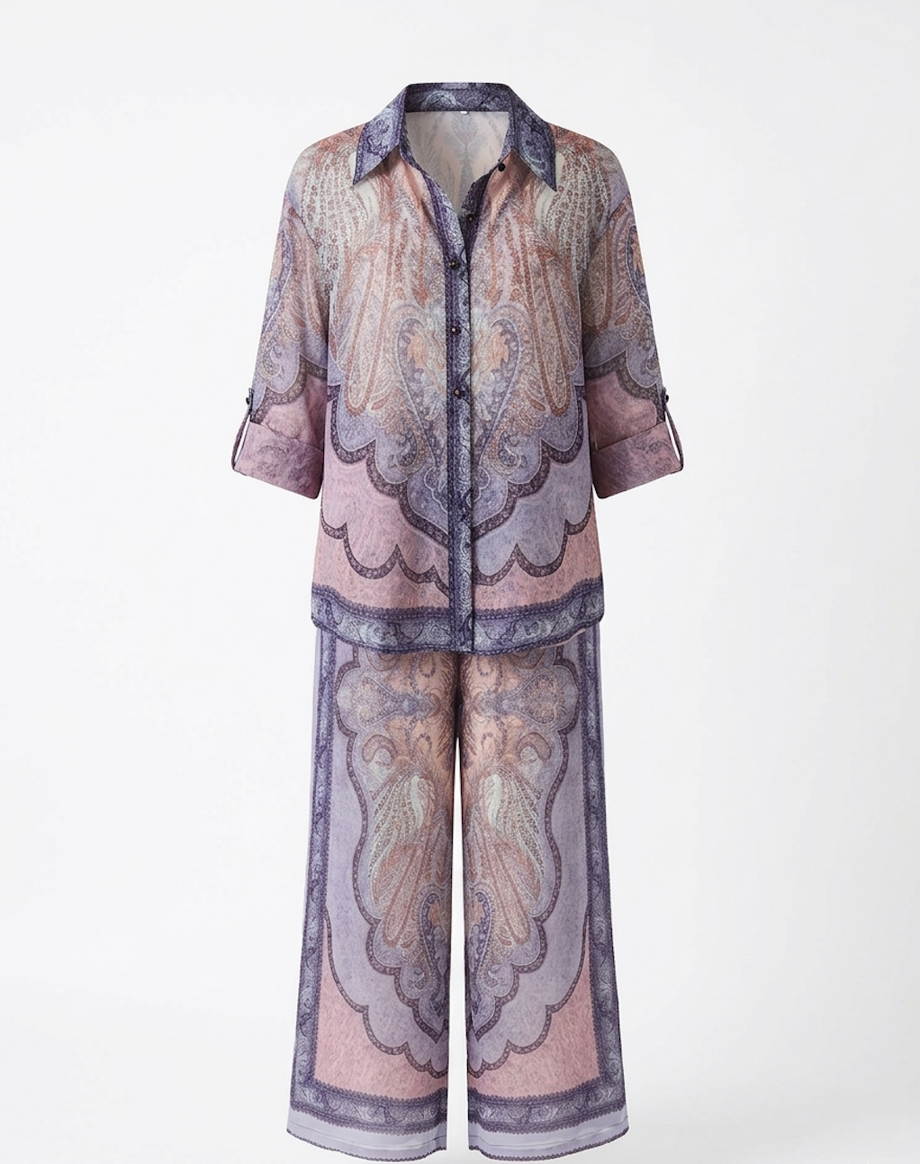 Paisley Print Co-Ord Set – Sheer Shirt & Wide-Leg Pants in Mauve Tones