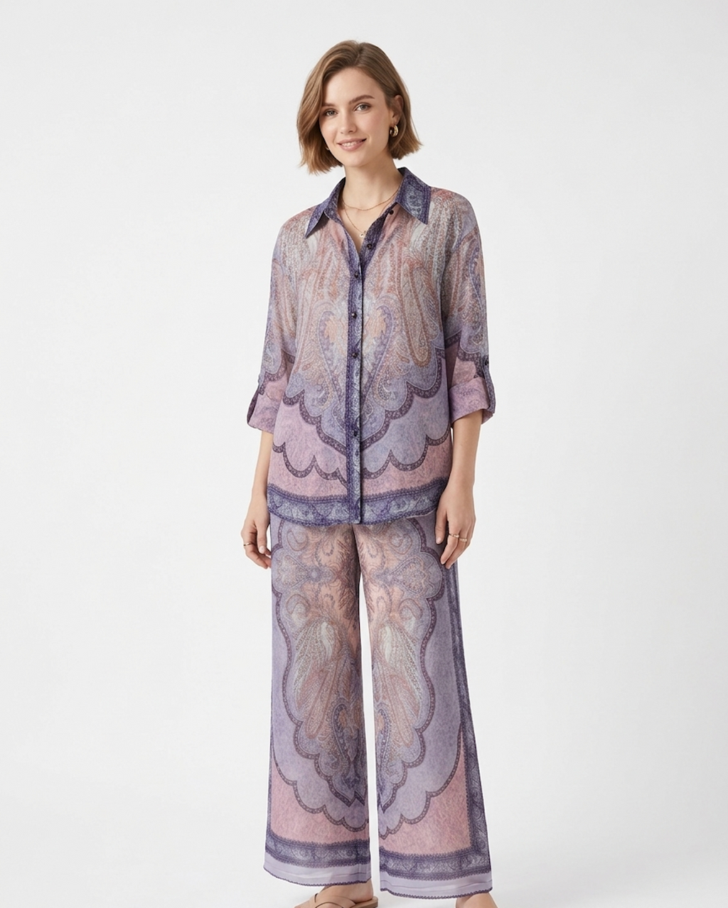 Paisley Print Co-Ord Set – Sheer Shirt & Wide-Leg Pants in Mauve Tones