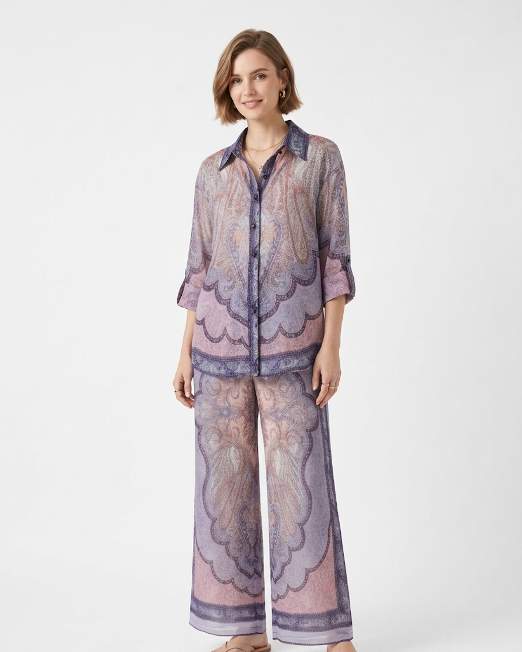 Paisley Print Co-Ord Set – Sheer Shirt & Wide-Leg Pants in Mauve Tones