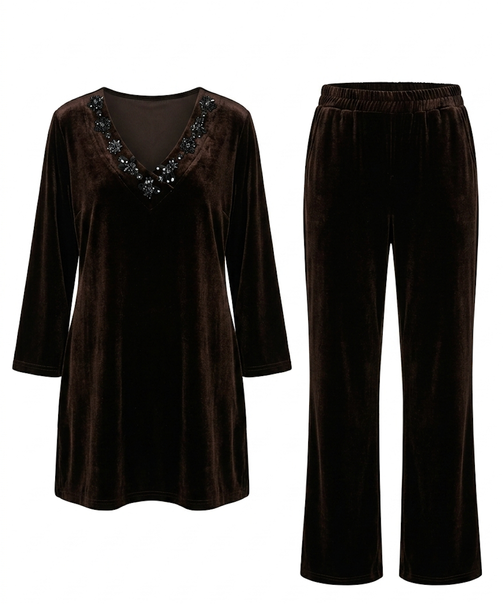 Chocolate Velvet Lounge Set with Embellished V-Neck Top