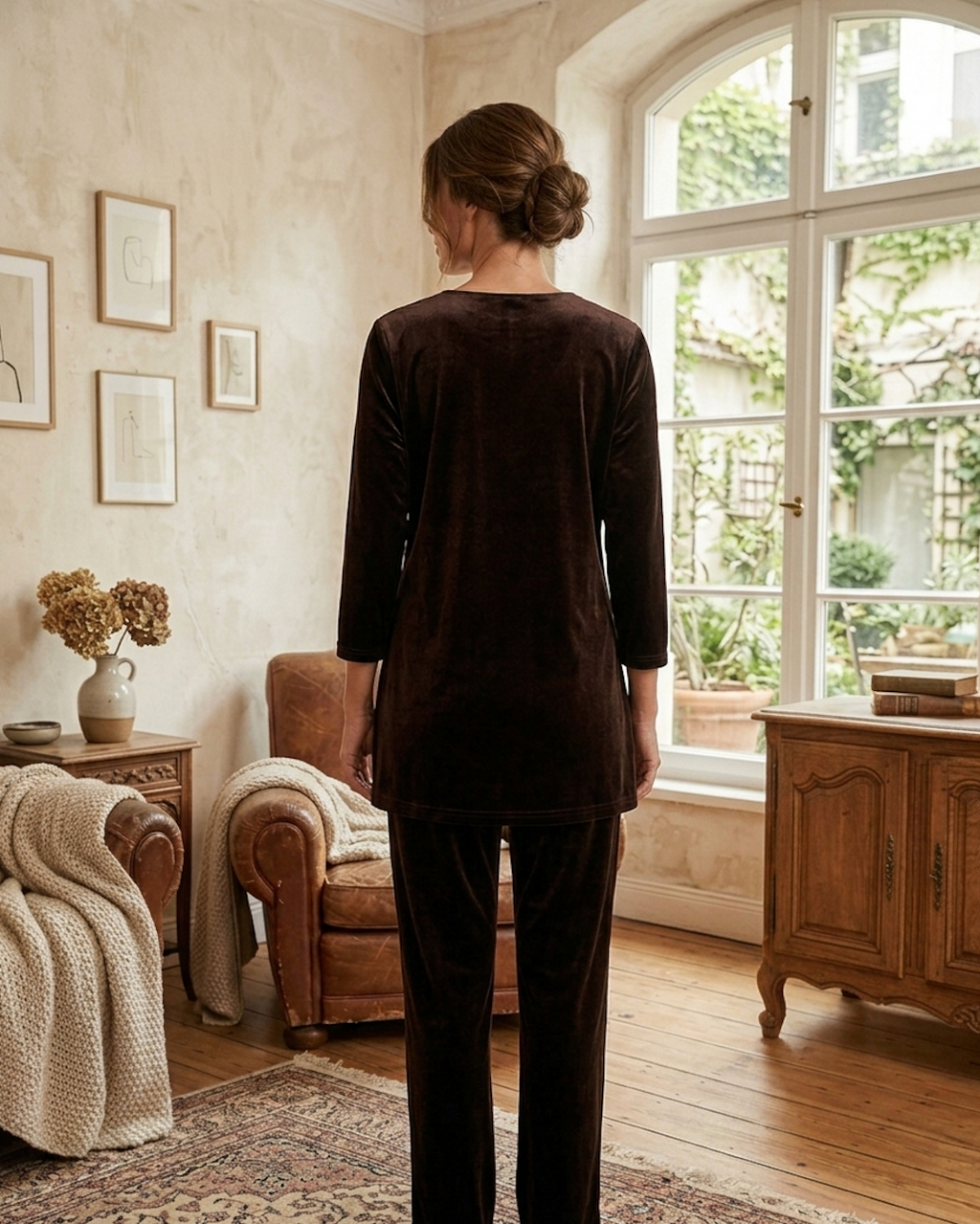 Chocolate Velvet Lounge Set with Embellished V-Neck Top
