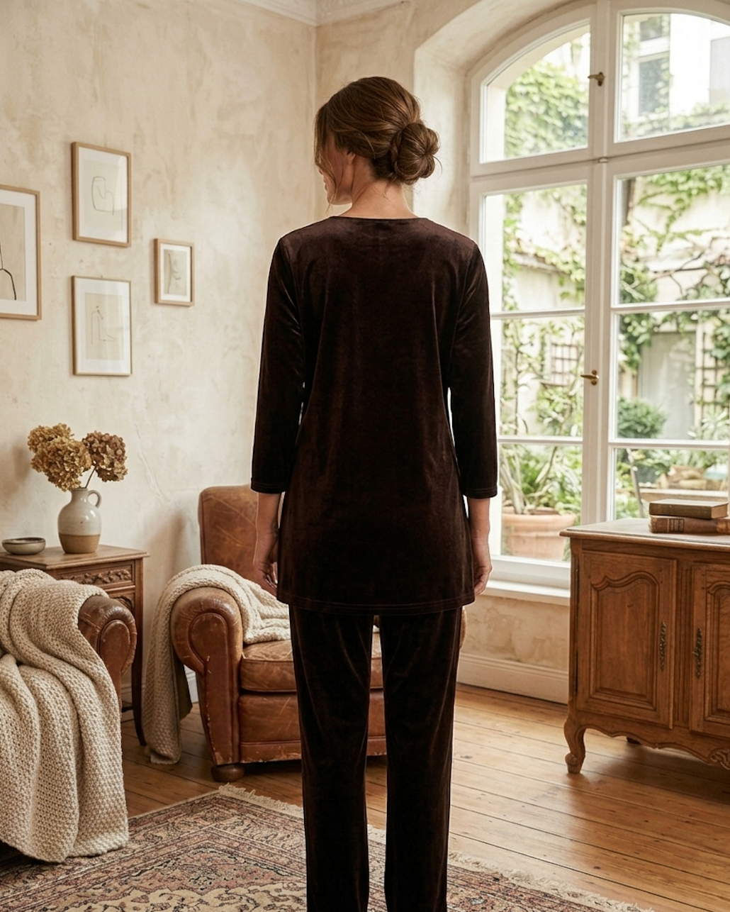 Chocolate Velvet Lounge Set with Embellished V-Neck Top