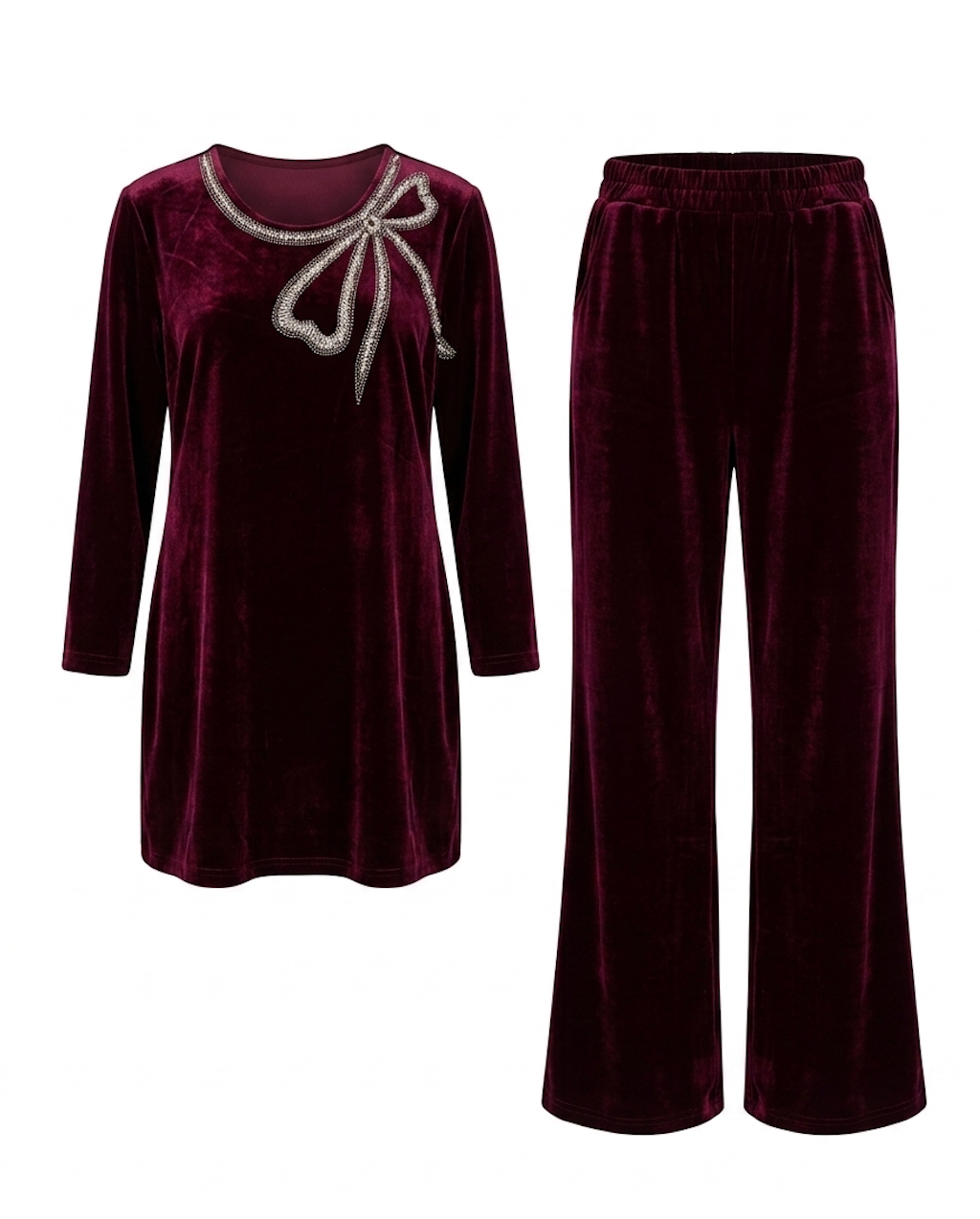 Velvet Lounge Set with Rhinestone Bow Detail