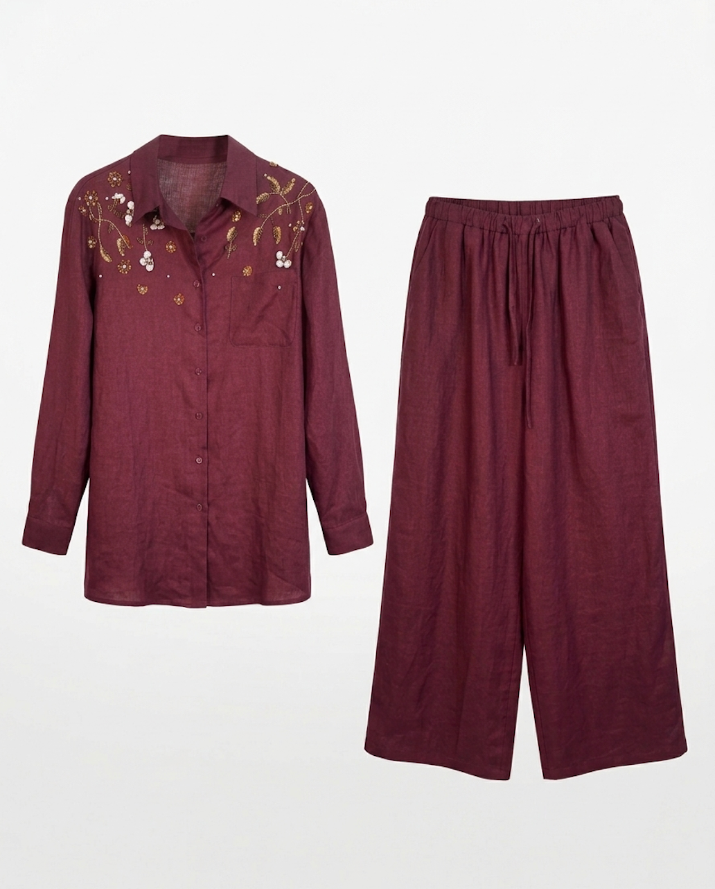 Burgundy Embroidered Shirt & Wide-Leg Pants Set