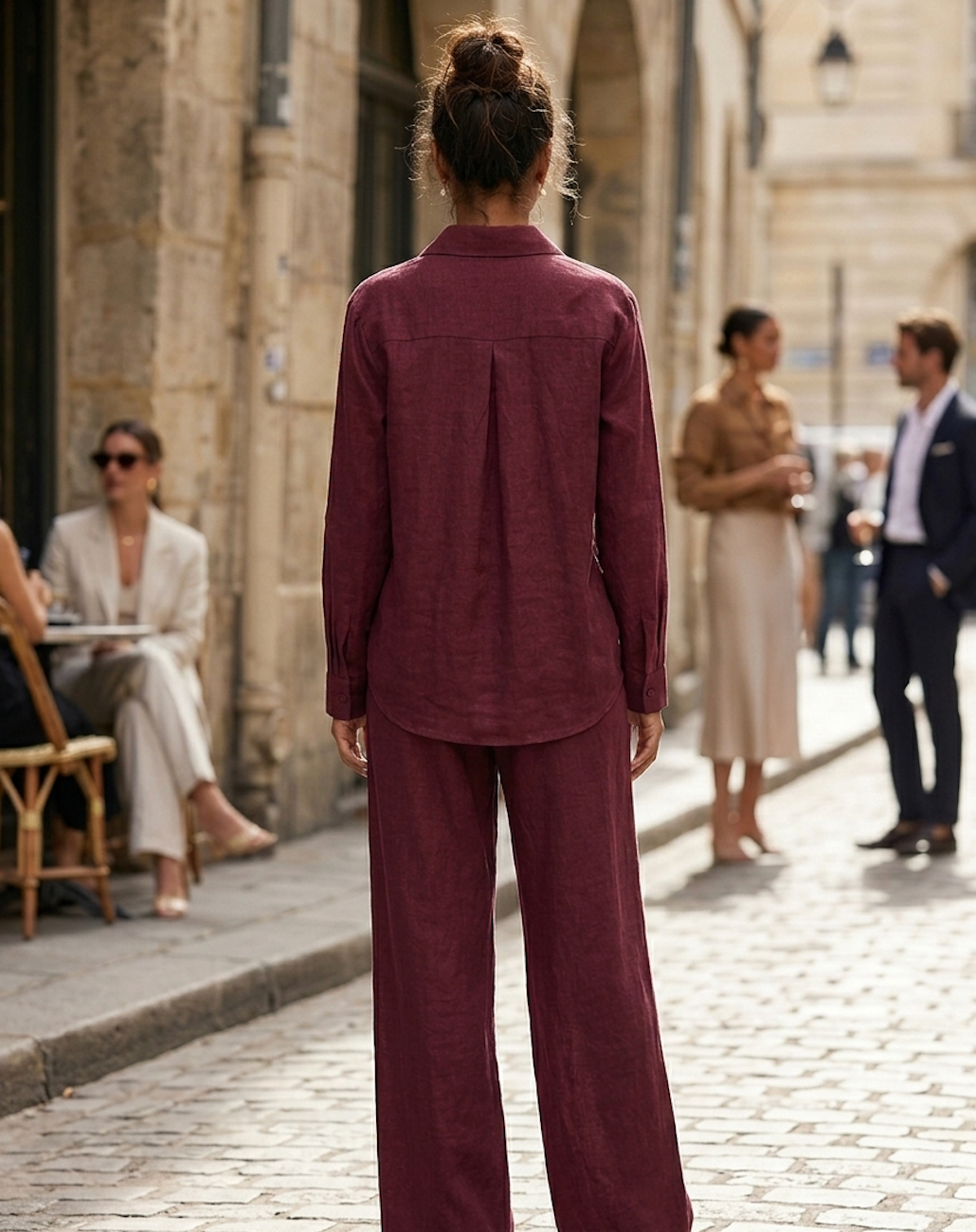 Burgundy Embroidered Shirt & Wide-Leg Pants Set