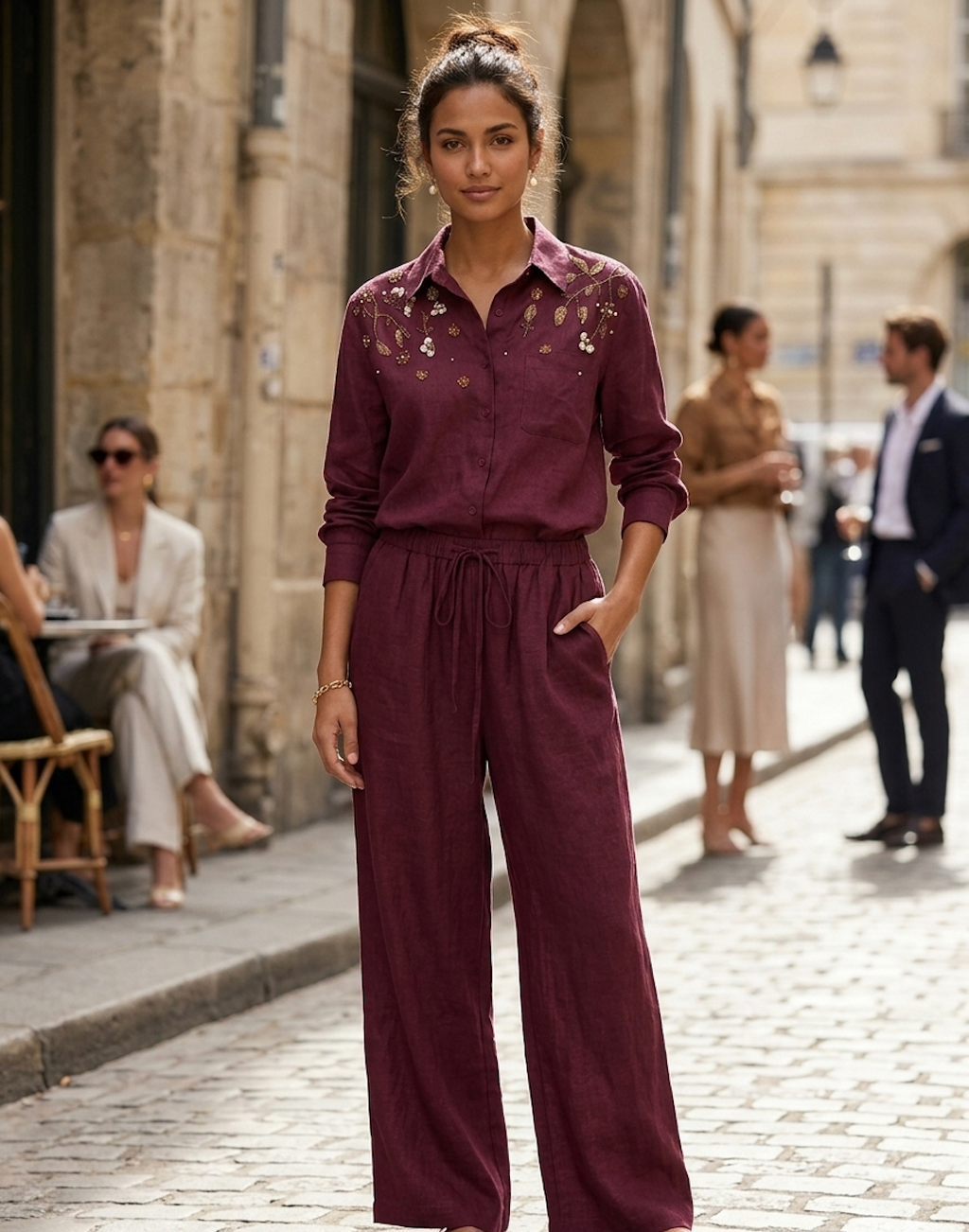 Burgundy Embroidered Shirt & Wide-Leg Pants Set