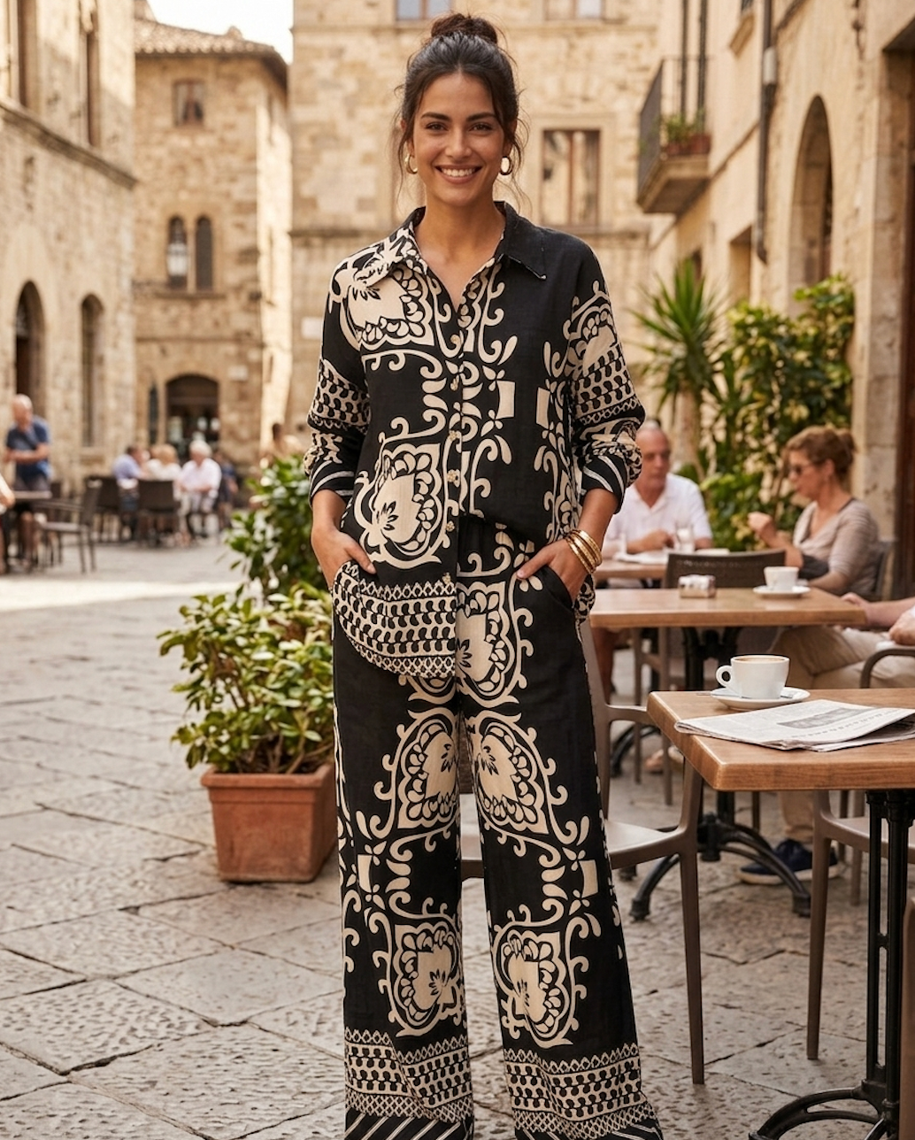 Black & Cream Baroque Print Shirt & Wide-Leg Pants Set